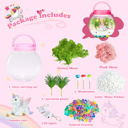 DIY Light-Up Terrarium Kit for Kids with Unicorn Toys, Building Your Wonder Garden, Unicorn Craft Nightlight Gift for Girls Age 4-12, Unicorn Decor