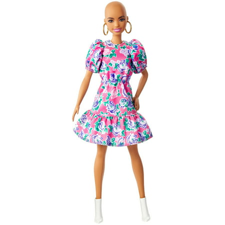 Barbie Fashionistas Doll #150 with No-Hair Look Wearing Pink Floral Dress