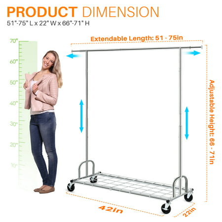 450 lbs Commercial Clothing Garment Rack with Shelves Clothing Racks on Wheels Rolling Clothes Rack Heavy Duty Portable Collapsible Adjustable, Chrome Finish