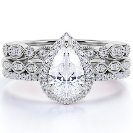 1.5 Carat pear cut Moissanite and Diamond Wedding Ring Trio Set in 10k White Gold