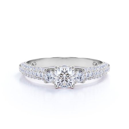 Stunning 1 Carat - Round Real 3 Stone Diamond Ring - Vintage Style - Micro Pave - Engagement Ring - 10K White Gold, White Gold, 7