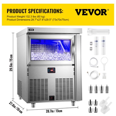 VEVOR 110V Commercial Ice Maker 200LBS/24H, Stainless Steel Under Counter Ice Machine with 100LBS Storage, 80PCS Clear Cube, Auto Operation, Blue Light, Include Water Filter, 2 Scoops, Connection Hose, 200 lbs/24h