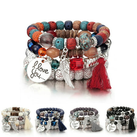 Yesbay 4Pcs/Set Bohemia Style Wing Beads Bracelet Women Bangle Jewelry Party Gift-WhiteWhite,