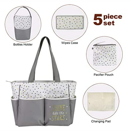 Baby Essential, Diaper Bag Tote 5 Piece Set with Sun, Moon, and Stars, Wipes Pocket, Dirty Diaper Pouch, Changing Pad - GreyGrey/Cream,