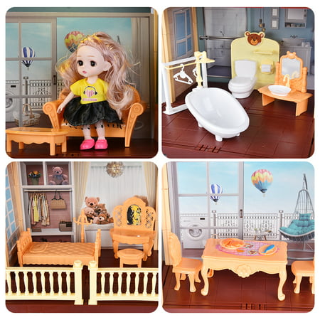SUNLIKE Toys Dollhouse for 3-8 Years Girls | 113 Pcs 2-Level DIY Doll House Playset Toy with Sweet Fashion Dolls & 4 Rooms & Furniture Home Decoration & LED Light for Kids Toddlers Gift