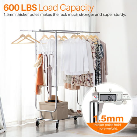 600 lbs Commercial Clothing Garment Rack with Shelves Clothing Racks on Wheels Rolling Clothes Rack Heavy Duty Portable Collapsible Adjustable, Chrome Finish