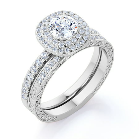 1.25 ct - Round Genuine - Diamond - Double Halo - Pave Accents - Vintage Wedding Ring Set - 10K White Gold, White Gold, 7