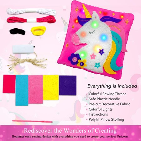 Unicorn Pillow Sewing kit for kids ages 8-12 - Easy Kids Crafts for Girls & Boys - Unicorns Gifts for Girls 8-10 Unicorn Toys, Arts and Crafts- No Sewing Machine Kit