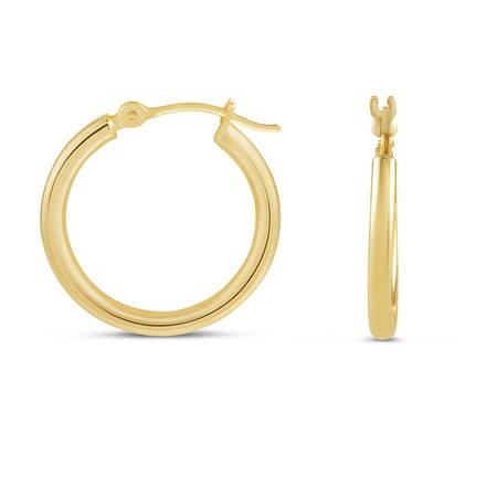 14k Yellow Gold Classic Shiny Polished Round Hoop Earrings for Women, 2mm Tube x 10-65mm Diameters, 10 mm