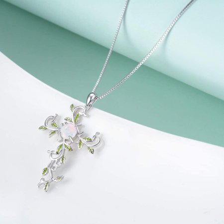 AOBOCO Sterling Silver Cross Necklace for Women, Opal Necklace Flower Jewelry GiftSilver,