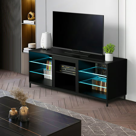 LED TV Stand for 70" TV Modern Entertainment Center with LED Lights Media Console Cabinet with Storage Shelves, Black-63", 63"