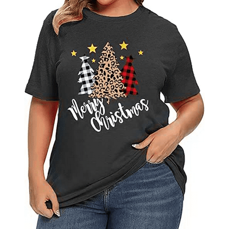 YI XIANG RAN Plus-Size Christmas Shirts Women Merry Christmas Leopard Plaid Tree Print Shirt Holiday Tops Xmas Tee(X-Large), Gray, XL