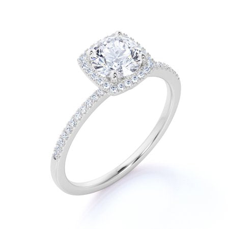 Cushion Halo Design 1.5 Carat Round Cut Moissanite Pave Prong Set Engagement Ring In 18K White Gold Plating Over Silver