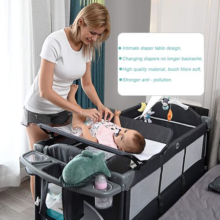 Kerrogee Adjustable 5-Level Nursery Center Bed Side Crib, Baby Bed Playard, Beside Sleeper Bassinet, Full-Size Infant Bassinet with Diaper Changer and Hanging Toys, GreyGray,