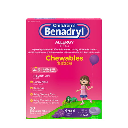 Children's Benadryl Allergy Chewables with Diphenhydramine HCl, Antihistamine Chewable Tablets in Grape Flavor, 20 ct (Pack of 3)