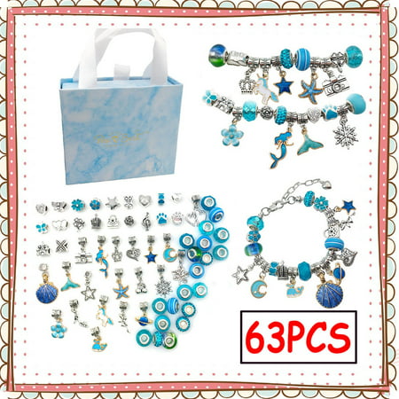 Dicasser 63 Pieces Jewelry Making Kit DIY Arts Crafts for Kids Age 6-10 Years Old, Charm Bracelet Making Supplies Beads, Girl Birthday Party Game ChildrenBlue,