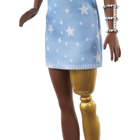 Barbie Fashionistas Doll 146 with 2 Twisted Braids & Prosthetic Leg Wearing Star-Print Dress, Toy for Kids 3 to 8 Years Old
