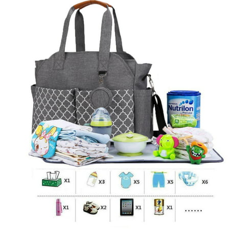 MOMIGO Changing Station Included Adjustable Shoulder Straps Insulated Pockets Zipper Pockets Waterproof Stylish Tote Diaper Bag, GrayGray,