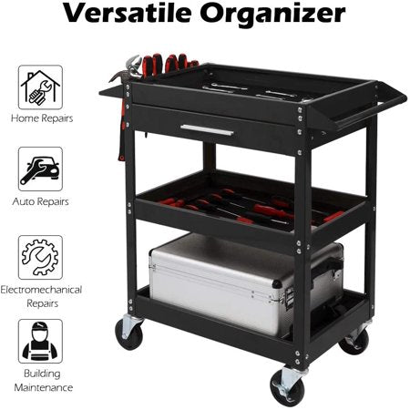 TUFFIOM 3 Tier Rolling Tool Cart with Drawer, 330 LBS Capacity Industrial Steel Service Utility Cart Tool Organizer, Black