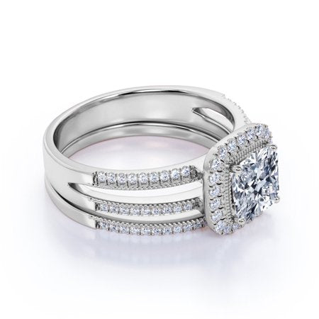 Cushion Cut Real Diamond Engagement Ring - Split Shank - Halo Ring - Wedding Set - 10K White Gold, 7