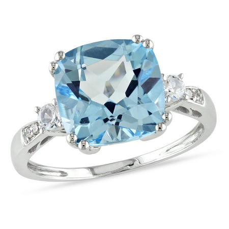 Miabella Women's 5-5/8 Carat T.G.W. Cushion-Cut Sky Blue Topaz Created White Sapphire and Diamond Accent 10kt White Gold Cocktail Ring, Blue Topaz, 5