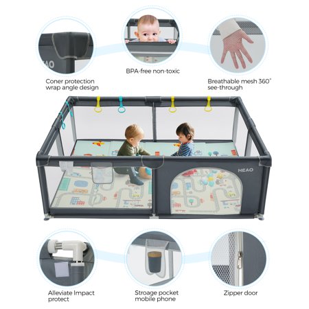 HEAO Baby Playpen, Kids Large Playard with 30PCS Pit Balls, Indoor & Outdoor Kids Activity Center, Infant Safety Gates with Breathable Mesh, Children's Fences Portable with Crawling Mat, Dark GreyDark Grey,