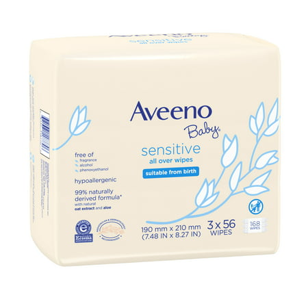 Aveeno Baby Sensitive All Over Aloe Baby Wipes, 3 Resaleable Packs (168 Total Wipes)