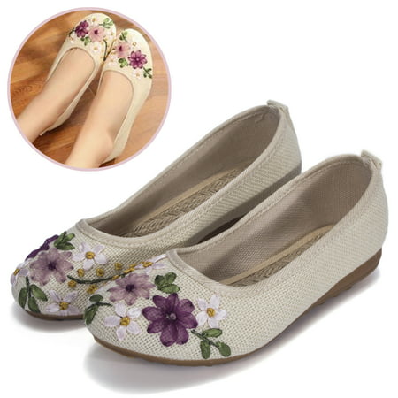 DODOING Womens Ballet Flats Floral Embroidered Cut Platform Shoe Slip On Flats Casual Driving Loafers Shoes, Khaki/ White/ Navy Blue, 4-10 Size, White, 7