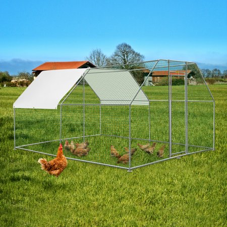 VEVORbrand Chicken Run Coop 10?12ft Large Metal Chicken Coop Flat Shaped, Walk-in Hen Cage, Outdoor Poultry Cage with Waterproof Cover for Backyard, 10?12 ft