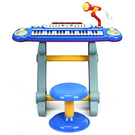 Gymax 37 Key Electronic Keyboard - Toy Piano with MP3 Input, Microphone & Stool Blue