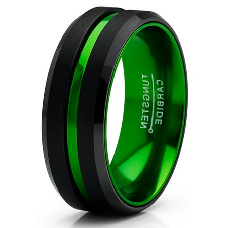 Men's Tungsten Carbide Ring Grooved Wedding Band Color Interior 8MM Blue Red Green RedGreen,