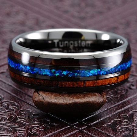 100S JEWELRY Gunmetal Tungsten Ring for Men Koa Wood Blue Opal Inlaid Wedding Band Promise Size 6-16 (Tungsten, 10), 10