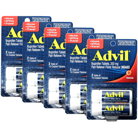Advil Coated Tablets Pain Reliever and Fever Reducer, Ibuprofen 200mg, 2 x 10 Count Vials Travel Size Pack of 5 (10 vials total)