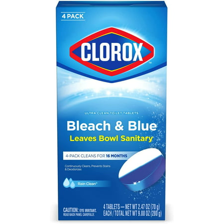 Clorox Ultra Clean Toilet Tablets Bleach & Blue, Rain Clean Scent 2.47 Ounces Each, 4 Count (Package May Vary)