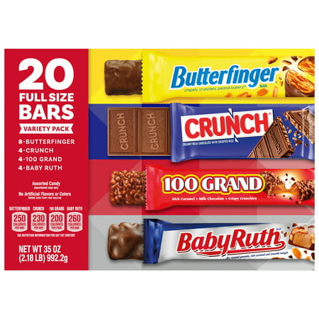 Butterfinger, CRUNCH, Baby Ruth and 100 Grand, Assorted Full Size Chocolate Candy Bars, Great Holiday Treats, 35 oz, Bulk 20 Pack