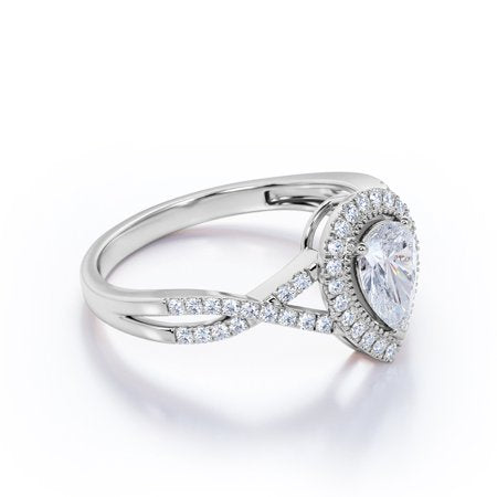 Milgrain Halo 1.25 Carat Pear Cut Moissanite Infinity Twisted Shank Pave Engagement Ring In 18K White Gold Plating Over SilverWhite,