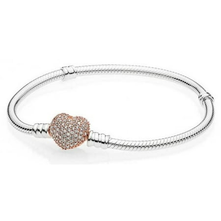 Pandora Moments Women's Sterling Silver Snake Chain Charm Bracelet with Pave Heart Clasp, 19 cm