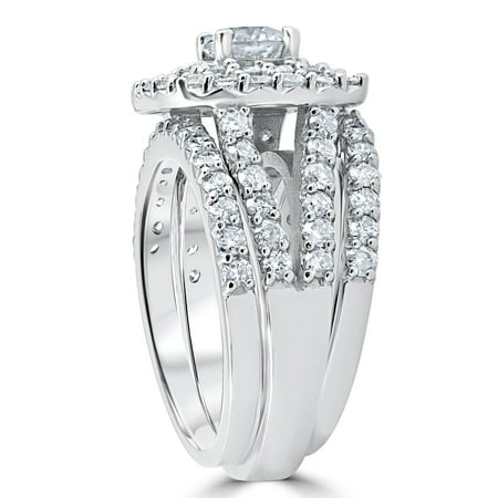 3 ct Diamond Engagement Wedding Cushion Halo Ring Set 10k White Gold, White Gold, 8