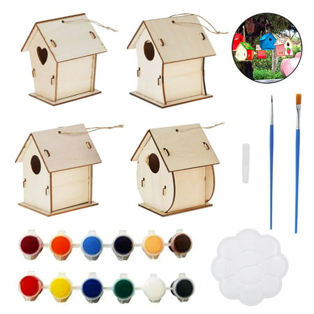 Miuline 4 Pack DIY Wooden Bird House Kit Unfinished Hanging Bird House For Kids To Build And , Wooden Arts And Crafts With 12 Pigment, 2 Brushes And 1 Palette