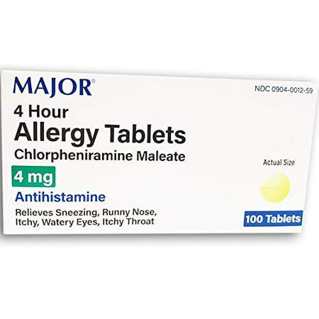 2 Pack Major Allergy Chlorpheniramine Maleate 4mg 100 Tablets Each