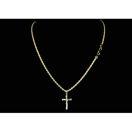14k Gold Rope Necklace with Nugget Cross Pendent, Best Unisex Gift for Women & Men, Lover, Girlfriend, Boyfriend, 14K bounded Gold Chain for Man with Nugget Cross by Aria Jeweler, Rope Necklace