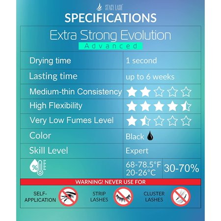 Extra Strong Evolution Advanced Eyelash Extension Glue - Stacy Lash (0.17 fl.oz/ 5ml)/ 1 Sec Drying Time/ 6 Weeks Retention/Maximum Bonding Power/ Very Low Fumes/Professional Use Only Black Adhesive