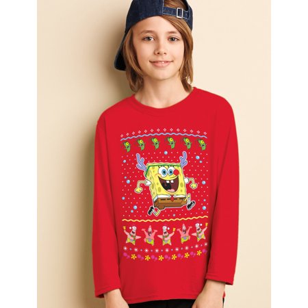 SpongeBob Cartoon Reindeer Kids Funny Humor Holiday Shirts Christmas Gifts for Boy Youth Long Sleeve T-Shirt, Green, S