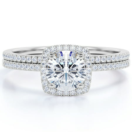 1 Carat Round cut Moissanite Engagement Ring Set in 18k White Gold Over Silver, 7