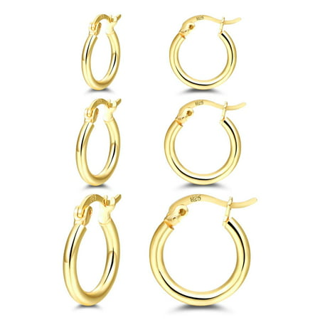 14K Gold Plated Hoop Earrings - 3 Pairs Sterling Silver Post Small Hoops| Gold Hoop Earrings Sets for Women Girls (13mm 15mm 20mm), Gold, 3pairs-13mm 15mm 20mm