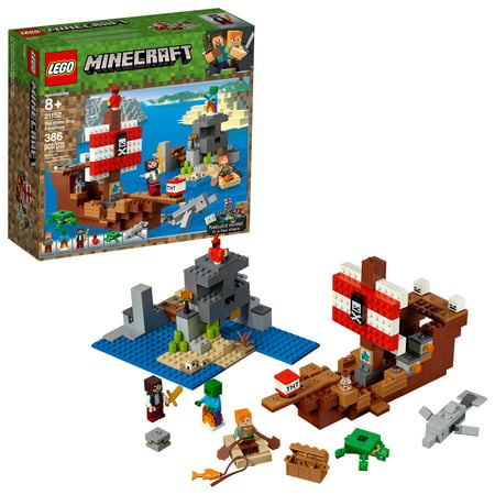 LEGO Minecraft The Pirate Ship Adventure 21152 Pirate Ship Boat Shark Treasure Chest Building Toy Kit (386 Pieces)
