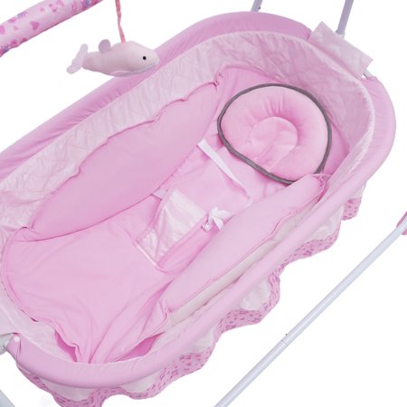 OUKANING Electric Baby Crib Cradle Music Auto Swing Rocking Cot Sleeping Bed Pink +timer