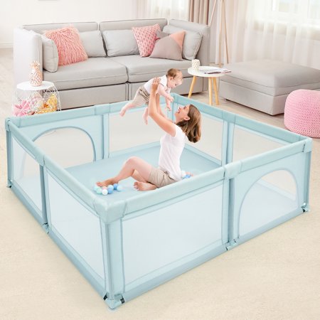 Costway Baby Playpen Infant Large Safety Play Center Yard w/ 50 Ocean Balls Blue, Blue