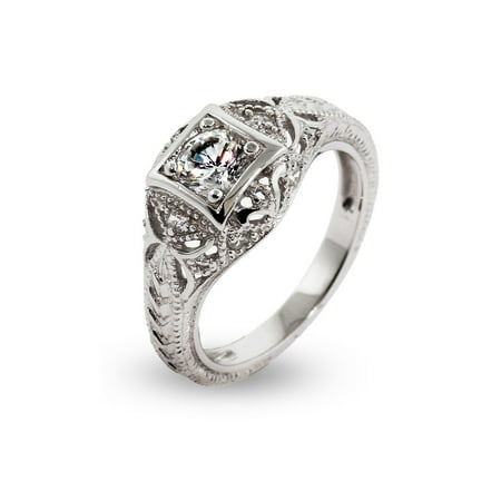 Women's Sterling Silver Cz Vintage Deco Style Engagement Ring, Sizes 5 to 9