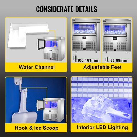 VEVOR 110V Commercial Ice Maker 200LBS/24H, Stainless Steel Under Counter Ice Machine with 100LBS Storage, 80PCS Clear Cube, Auto Operation, Blue Light, Include Water Filter, 2 Scoops, Connection Hose, 200 lbs/24h